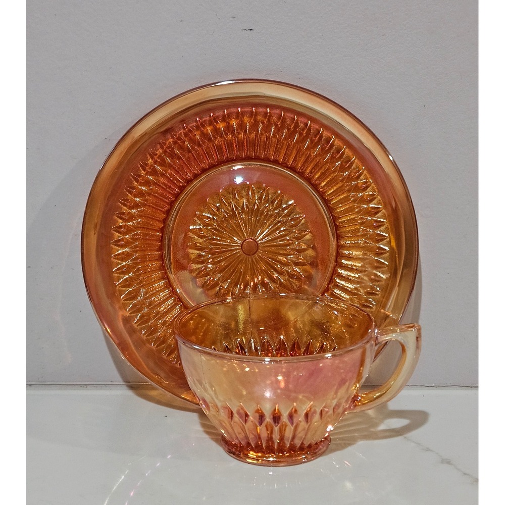 Vintage Jeanette Glass Marigold Carnival Glass Iris and Herringbone Cup Saucer